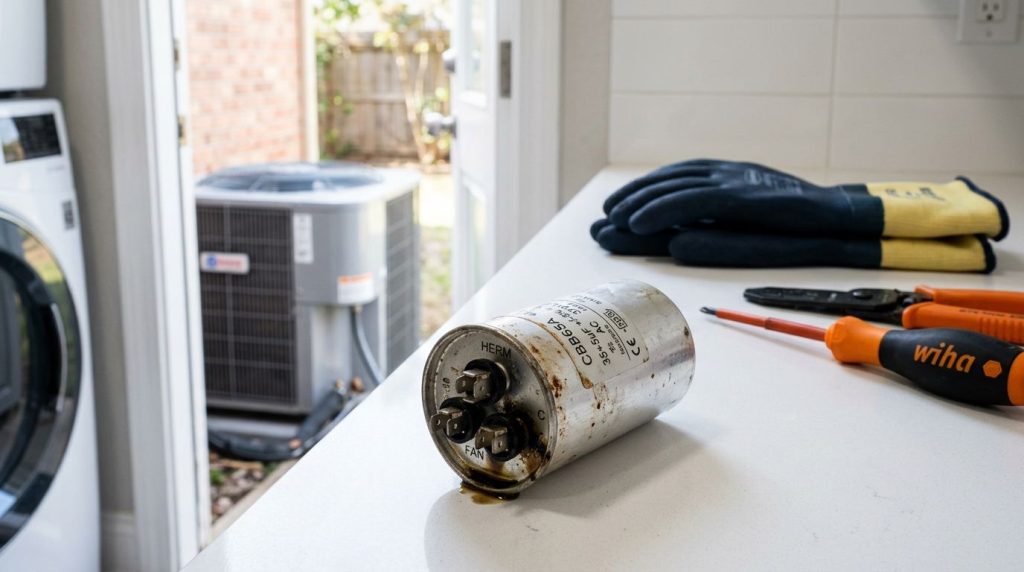 Capacitor de ar-condicionado em bancada de trabalho