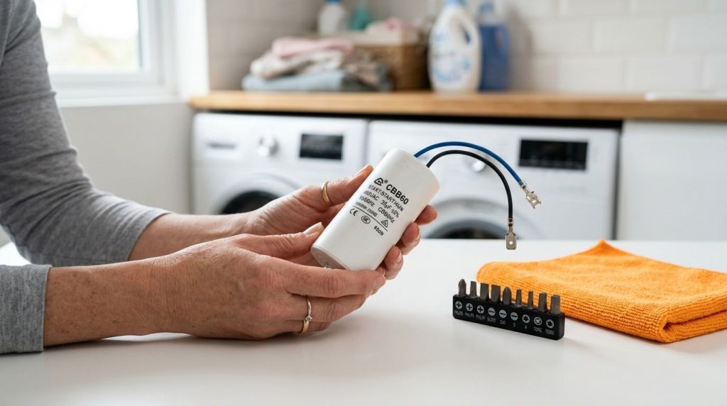 Pessoa segurando capacitor com ferramentas ao lado