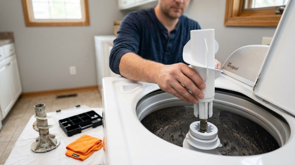 Homem consertando máquina de lavar roupa