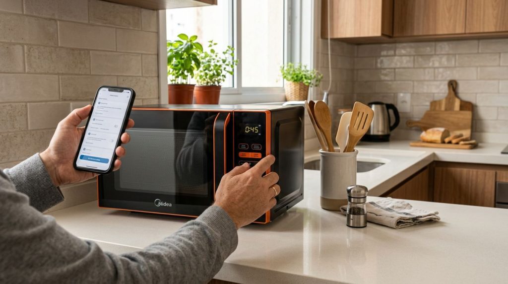 Homem ajustando micro-ondas na cozinha moderna.