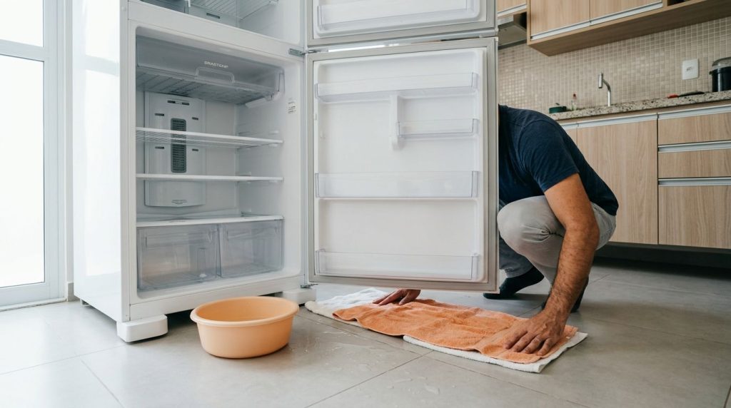 Homem limpando chão após vazamento de refrigerador