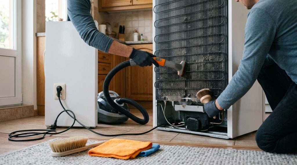 Limpeza de refrigerador com aspirador e escova.