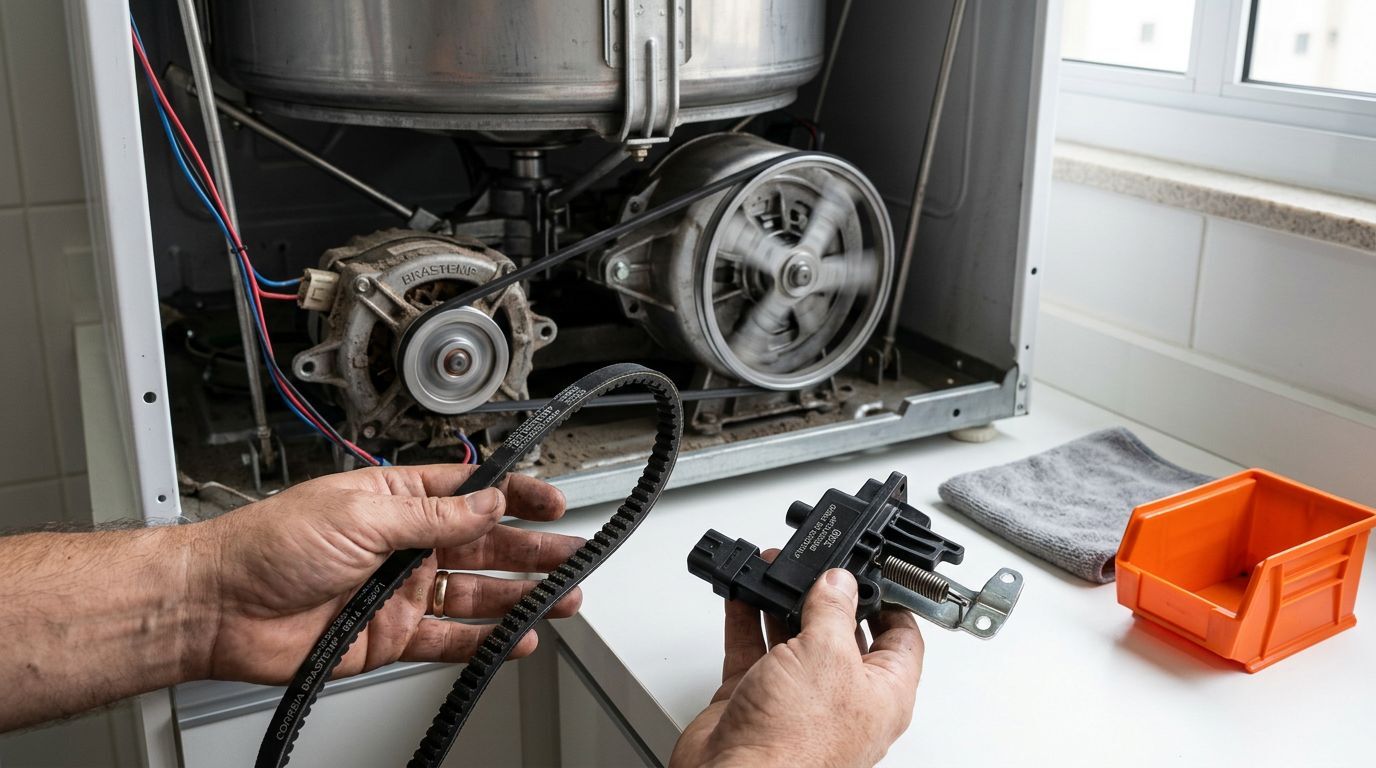 Técnico fazendo manutenção em lavadora de roupas.