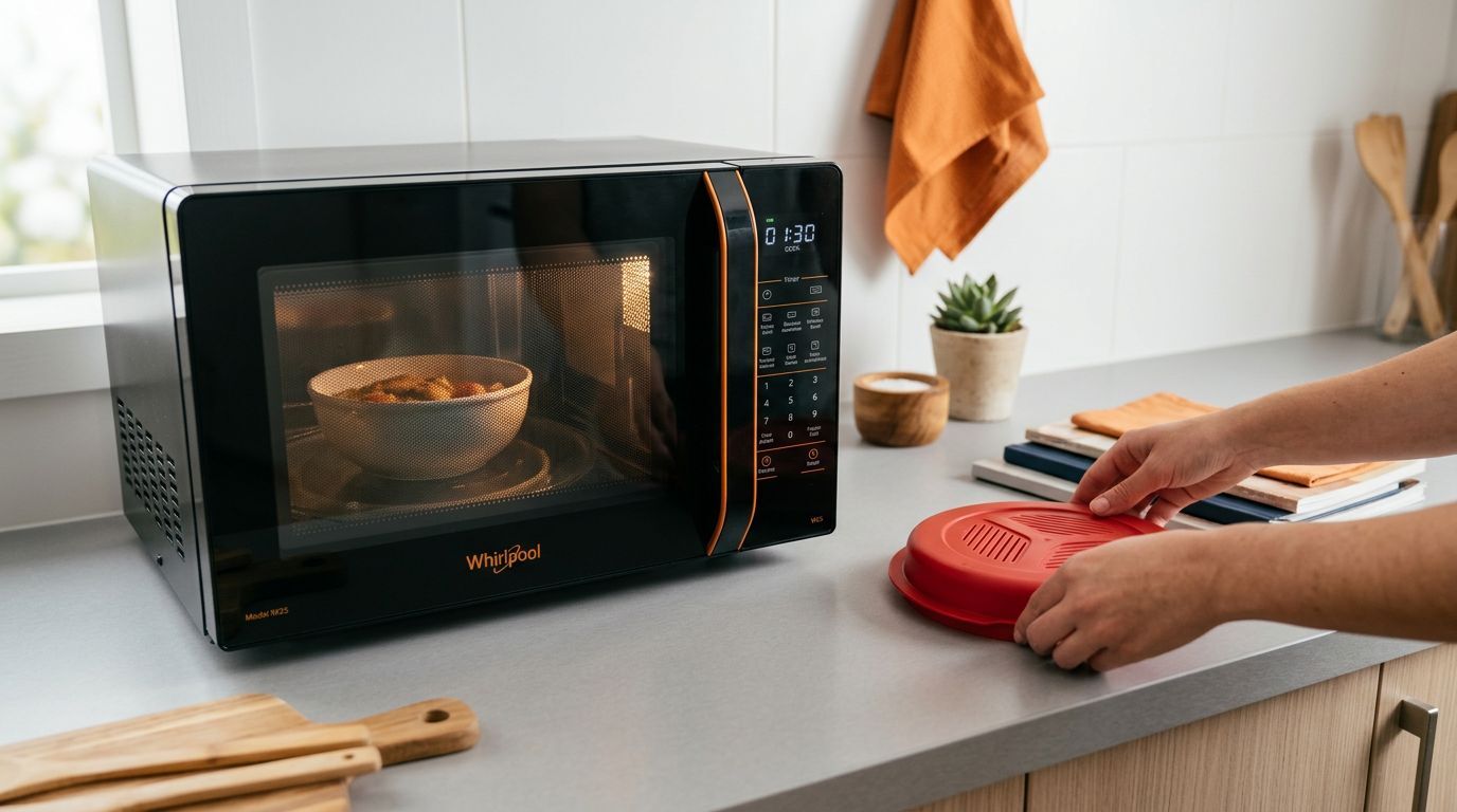 Micro-ondas Whirlpool em uso com recipiente de comida