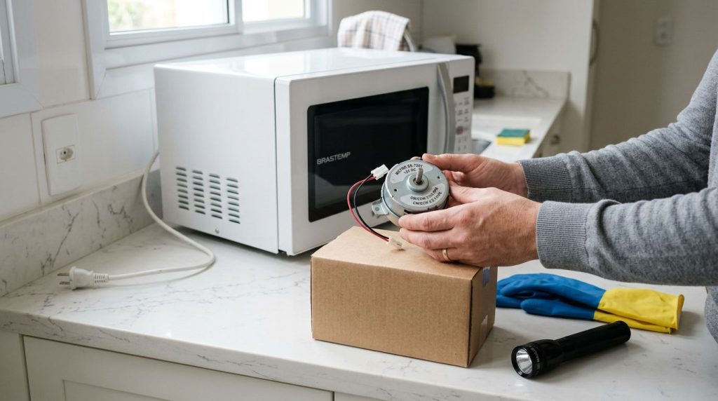 Pessoa segurando motor de micro-ondas em cozinha