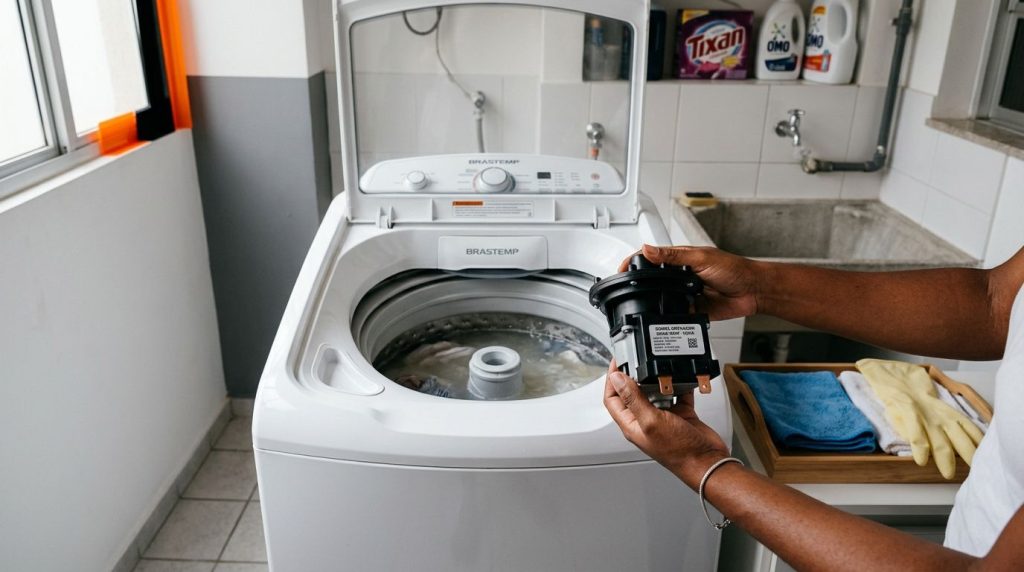 Pessoa segurando peça de máquina de lavar Brastemp