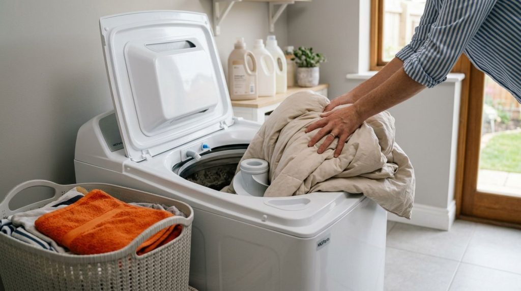 Pessoa colocando roupa na máquina de lavar