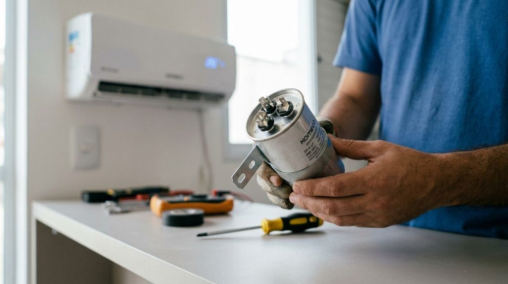 Técnico segurando condensador de ar condicionado