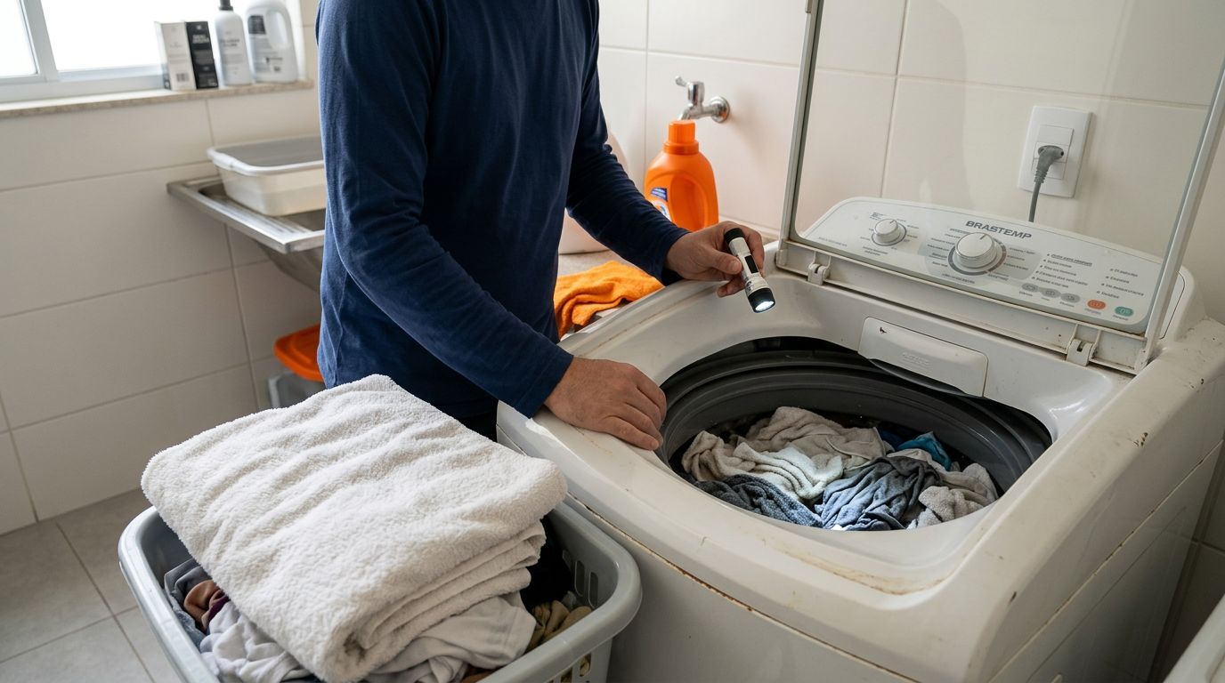 Homem verifica roupas em máquina de lavar
