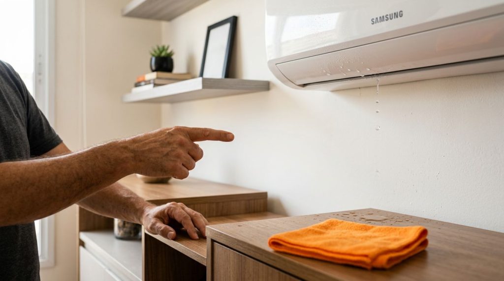 Ar-condicionado vazando água em ambiente doméstico.