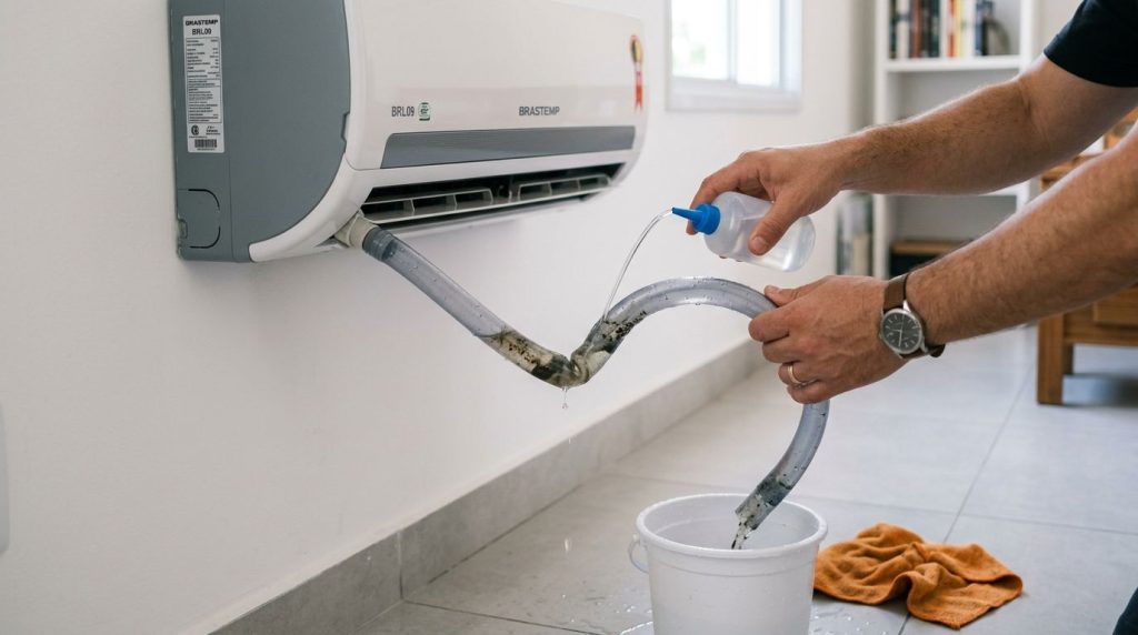 Limpeza de ar condicionado com água e bucket