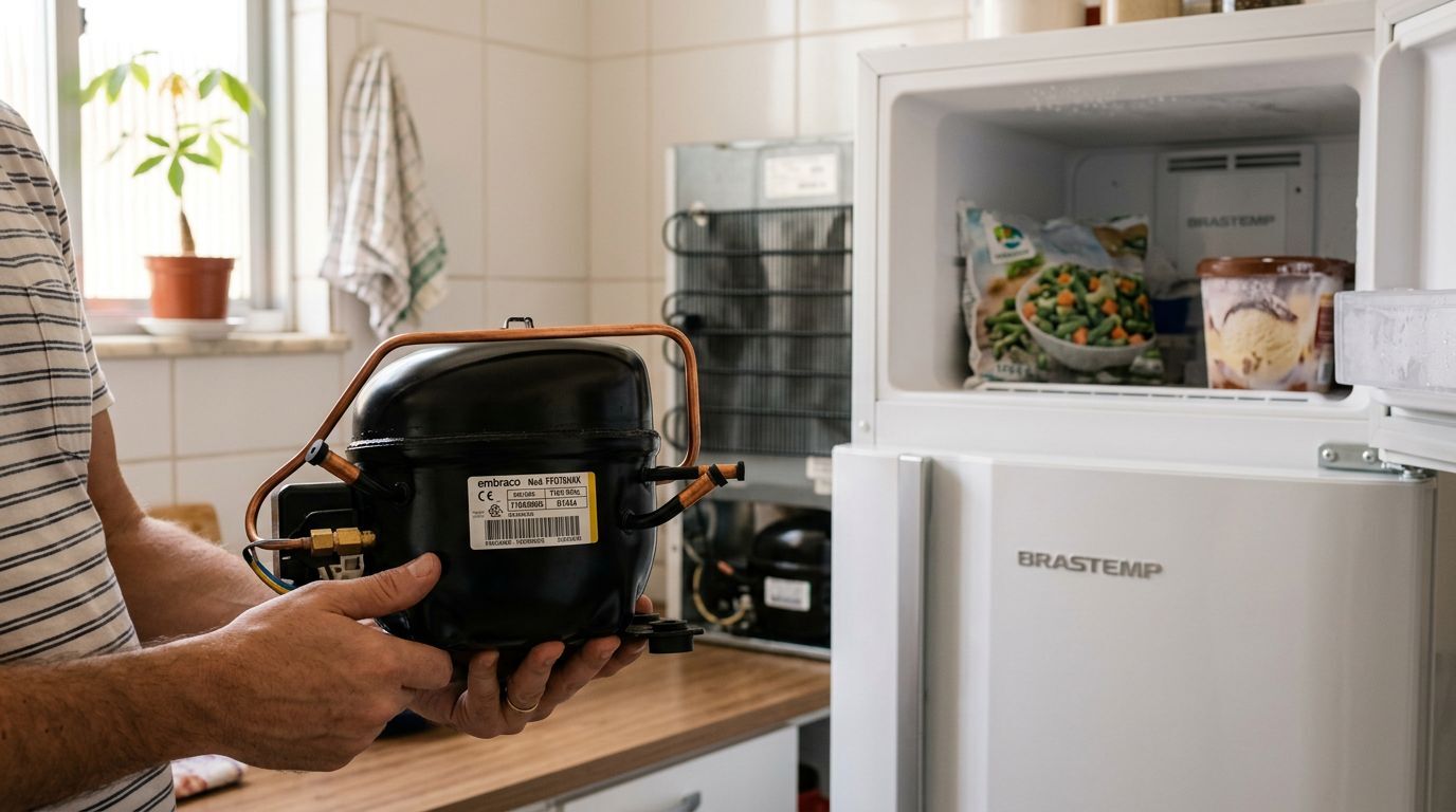 Técnico segurando compressor de geladeira na cozinha.